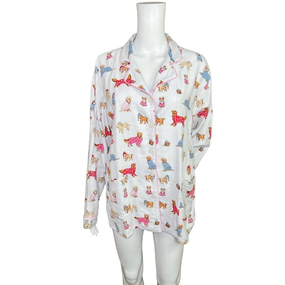Karen Neuburger Live Love Lounge Pajama Top Light Grey Dogs Medium